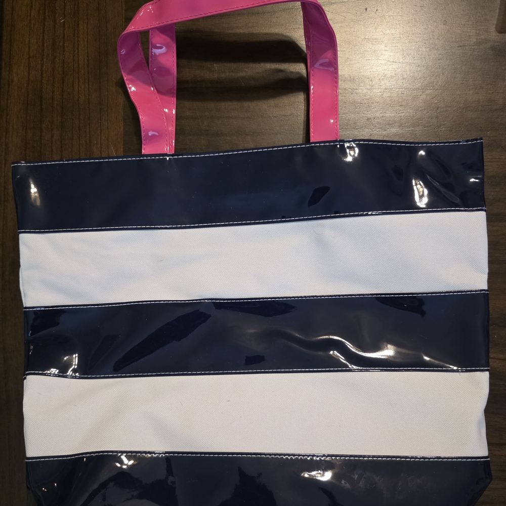 Estee Lauder Navy & White Striped Tote with Pink Handles